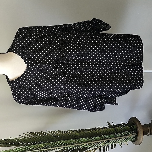 Notations Black and White Polka Dot Blouse with Straight Collar and Long Sleeves - Picture 2 of 13